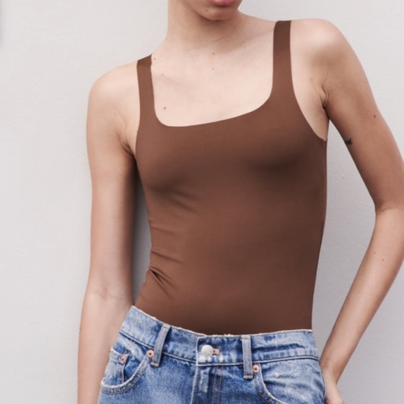 Zara fitted stretching bodysuit square neckline,brown, designer - Picture 2 of 12